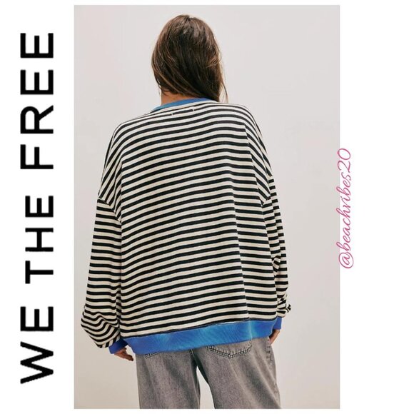 WE THE FREE BY FREE PEOPLE Classic Stiped Oversized Crewneck Black Combo S NWOT - Picture 4 of 10